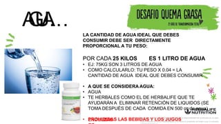 A
G
U
A
…
LA CANTIDAD DE AGUA IDEAL QUE DEBES
CONSUMIR DEBE SER DIRECTAMENTE
PROPORCIONAL A TU PESO:
POR CADA 25 KILOS ES 1 LITRO DE AGUA
• EJ: 75KG SON 3 LITROS DE AGUA
• COMO CALCULARLO: TU PESO X 0.04 = LA
CANTIDAD DE AGUA IDEAL QUE DEBES CONSUMIR
• A QUE SE CONSIDERA AGUA:
• AGUA
• TE HERBALES COMO EL DE HERBALIFE QUE TE
AYUDARÁN A ELIMINAR RETENCIÓN DE LIQUIDOS (SE
TOMA DESPUÉS DE CADA COMIDA EN 500 cc de agua)
• PROHIBIDAS LAS BEBIDAS Y LOS JUGOS
La imagen de los productos es referencial. Consulta la disponibilidad de productos en el país.
Este producto no es un medicamento y no tiene el propósito de tratar curar ni prevenir
ENDULZAD
 