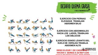 EJERCICIO CON PIERNAS
ELEVADAS TRABAJAN
ABDOMEN BAJO
EJERCICIO CON ABDOMINALES
HACIA LOS LADOS, TRABAJAN
LOS OBLUCOS
EJERCICIO DONDE LEVANTO DEL
SUELO MI ESPALDA TRABAJA
ABDOMEN ALTO
DEBO ELEGIR 1 DE CADA UNO Y
HACER 4 SERIES X 20 REP CON
La imagen de los productos es referencial. Consulta la disponibilidad de productos en el país.
Este producto no es un medicamento y no tiene el propósito de tratar curar ni prevenir
 