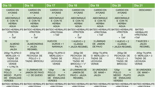 Dia 15 Dia 16 Dia 17 Dia 18 Dia 19 Dia 20 Dia 21
CARDIO EN
AYUNAS
+
ABDOMINALE
S CON TE
HERBA/
AGUA
CARDIO EN
AYUNAS
+
ABDOMINALE
S CON TE
HERBA/
AGUA/
CARDIO EN
AYUNAS
+
ABDOMINALE
S CON TE
HERBA/
AGUA
CARDIO EN
AYUNAS
+
ABDOMINALE
S CON TE
HERBA/
AGUA
CARDIO EN
AYUNAS
+
ABDOMINALE
S CON TE
HERBA/
AGUA
CARDIO EN
AYUNAS
+
ABDOMINALE
S CON TE
HERBA/
AGUA
DESCANSO
BATIDO HERBALIFE
+PROTEIN
A
+ TAF
BATIDO HERBALIFE
+PROTEIN
A
+ TAF
BATIDO HERBALIFE
+PROTEINA
+ TAF
BATIDO HERBALIFE
+PROTEIN
A
+ TAF
BATIDO HERBALIFE
+PROTEINA
+ TAF
BATIDO HERBALIFE
+PROTEIN
A
+ TAF
BATIDO
HERBALIFE
+PROTEINA
+TAF
10
ALMEND
RAS +
JALEA
12
ALMEDNDRAS
+ JALEA
REGIMEL
HUEVOS
DUROS + 1
NARANJA
1 HUEVO + 2
CLARAS
+ JALEA REGIMEL
3 LÁMINAS
DE JAMÓN
DE PAVO
1 HUEVO + 2
CLARAS
+ JALEA REGIMEL
7 NUECES +
JALEA
REGIMEL
200gr TILAPIA O
MERLUZA +3
TAZAS DE
LECHUGA
VERDE
+ ½ PALTA
200gr DE
PECHUGA DE
POLLO + 3
TAZAS BRÓCOLI
200gr TILAPIA O
MERLUZA3 +
TAZAS DE
LECHUGA
VERDE
200gr DE
PECHUGA DE
POLLO + 3
TAZAS DE
BRÓCOLI + 1/”
PALTA
200gr TILAPIA
O MERLUZA + 3
TAZAS DE
LECHUGA
VERDE
200gr DE
PECHUGA DE
POLLO + 3
TAZAS DE
BRÓCOLI
200gr TILAPIA
O MERLUZA + 3
TAZAS DE
LECHUGA
VERDE
120gr de
POLLO +
MEDIO PLATO
DE ENSALDAS
VERDES
3 LÁMINAS DE
JAMON DE PAVO
+ 2 DE QUESO
120gr de
POLLO +
MEDIO PLATO
DE ENSALDAS
VERDES
J3 LÁMINAS DE
JAMON DE
PAVO + JALEA
REGIMEL
30 UNIDADES
DE MANÍ +
JALEA
120gr de
POLLO +
MEDIO PLATO
DE ENSALDAS
VERDES
30 UNIDADES
DE MANÍ +
JALEA
BATIDO HERBALIFE BATIDO HERBALIFE BATIDO HERBALIFE BATIDO HERBALIFE BATIDO HERBALIFE BATIDO HERBALIFE BATIDO HERBALIFE
 