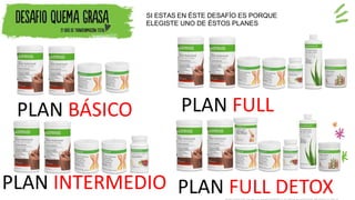 una.
La imagen de los productos es referencial. Consulta la disponibilidad de productos en el
país.
SI ESTAS EN ÉSTE DESAFÍO ES PORQUE
ELEGISTE UNO DE ÉSTOS PLANES
PLAN BÁSICO PLAN FULL
PLAN INTERMEDIO PLAN FULL DETOX
 