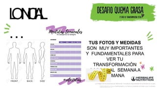 L
OI
N
I
C
I
A
L
… TUS FOTOS Y MEDIDAS
SON MUY IMPORTANTES
Y FUNDAMENTALES PARA
VER TU
TRANSFORMACIÓN
CORPORAL SEMANA A
SEMANA
La imagen de los productos es referencial. Consulta la disponibilidad de productos en el país.
Este producto no es un medicamento y no tiene el propósito de tratar curar ni prevenir
 