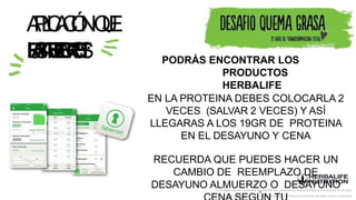 A
P
L
I
C
A
C
I
Ó
NQ
U
E
U
S
A
R
E
M
O
S
:
La imagen de los productos es referencial. Consulta la disponibilidad de productos en el país.
Este producto no es un medicamento y no tiene el propósito de tratar curar ni prevenir
F
A
TS
E
C
R
E
T PODRÁS ENCONTRAR LOS
PRODUCTOS
HERBALIFE
EN LA PROTEINA DEBES COLOCARLA 2
VECES (SALVAR 2 VECES) Y ASÍ
LLEGARAS A LOS 19GR DE PROTEINA
EN EL DESAYUNO Y CENA
RECUERDA QUE PUEDES HACER UN
CAMBIO DE REEMPLAZO DE
DESAYUNO ALMUERZO O DESAYUNO
 