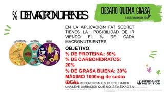 VALORES REFERENCIALES, PUEDE HABER
UNA LEVE VARIACIÓN QUE N
L
ai
Om
a
g
e
Sn
Ed
e
Al
o
sEp
r
o
Xd
u
Ac
t
o
Cse
TsrAeferencial.Consulta la
disponibilidad de productos en el país.
D
E
M
A
C
R
O
N
U
T
R
I
E
N
T
E
S
EN LA APLICACIÓN FAT SECRET
TIENES LA POSIBILIDAD DE IR
VIENDO EL % DE CADA
MACRONUTRIENTES
Este producto no es un medicamento y no tiene el propósito de tratar curar ni prevenir
OBJETIVO:
% DE PROTEINA: 50%
% DE CARBOHIDRATOS:
20%
% DE GRASA BUENA: 30%
MÁXIMO 1000mg de sodio
IDEAL
 