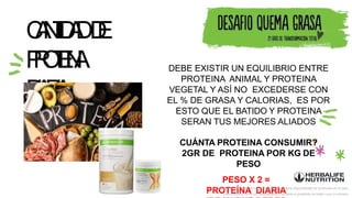 C
A
N
T
I
D
A
DD
E
P
R
O
T
E
I
N
A
D
I
A
R
I
A
DEBE EXISTIR UN EQUILIBRIO ENTRE
PROTEINA ANIMAL Y PROTEINA
VEGETAL Y ASÍ NO EXCEDERSE CON
EL % DE GRASA Y CALORIAS, ES POR
ESTO QUE EL BATIDO Y PROTEINA
SERAN TUS MEJORES ALIADOS
CUÁNTA PROTEINA CONSUMIR?
2GR DE PROTEINA POR KG DE
PESO
PESO X 2 =
PROTEÍNA DIARIA
La imagen de los productos es referencial. Consulta la disponibilidad de productos en el país.
Este producto no es un medicamento y no tiene el propósito de tratar curar ni prevenir
 