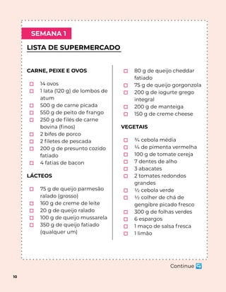 LISTA DE SUPERMERCADO
SEMANA 1
10
CARNE, PEIXE E OVOS
⬚ 14 ovos
⬚ 1 lata (120 g) de lombos de
atum
⬚ 500 g de carne picada
⬚ 550 g de peito de frango
⬚ 250 g de ﬁlés de carne
bovina (ﬁnos)
⬚ 2 bifes de porco
⬚ 2 ﬁletes de pescada
⬚ 200 g de presunto cozido
fatiado
⬚ 4 fatias de bacon
LÁCTEOS
⬚ 75 g de queijo parmesão
ralado (grosso)
⬚ 160 g de creme de leite
⬚ 20 g de queijo ralado
⬚ 100 g de queijo mussarela
⬚ 350 g de queijo fatiado
(qualquer um)
⬚ 80 g de queijo cheddar
fatiado
⬚ 75 g de queijo gorgonzola
⬚ 200 g de iogurte grego
integral
⬚ 200 g de manteiga
⬚ 150 g de creme cheese
VEGETAIS
⬚ ¾ cebola média
⬚ ¼ de pimenta vermelha
⬚ 100 g de tomate cereja
⬚ 7 dentes de alho
⬚ 3 abacates
⬚ 2 tomates redondos
grandes
⬚ ½ cebola verde
⬚ ½ colher de chá de
gengibre picado fresco
⬚ 300 g de folhas verdes
⬚ 6 espargos
⬚ 1 maço de salsa fresca
⬚ 1 limão
Continue ↪
 