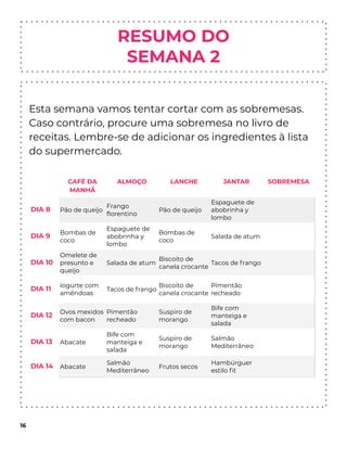 Esta semana vamos tentar cortar com as sobremesas.
Caso contrário, procure uma sobremesa no livro de
receitas. Lembre-se de adicionar os ingredientes à lista
do supermercado.
16
CAFÉ DA
MANHÃ
ALMOÇO LANCHE JANTAR SOBREMESA
DIA 8 Pão de queijo
Frango
ﬂorentino
Pão de queijo
Espaguete de
abobrinha y
lombo
DIA 9
Bombas de
coco
Espaguete de
abobrinha y
lombo
Bombas de
coco
Salada de atum
DIA 10
Omelete de
presunto e
queijo
Salada de atum
Biscoito de
canela crocante
Tacos de frango
DIA 11
Iogurte com
amêndoas
Tacos de frango
Biscoito de
canela crocante
Pimentão
recheado
DIA 12
Ovos mexidos
com bacon
Pimentão
recheado
Suspiro de
morango
Bife com
manteiga e
salada
DIA 13 Abacate
Bife com
manteiga e
salada
Suspiro de
morango
Salmão
Mediterrâneo
DIA 14 Abacate
Salmão
Mediterrâneo
Frutos secos
Hambúrguer
estilo ﬁt
RESUMO DO
SEMANA 2
 