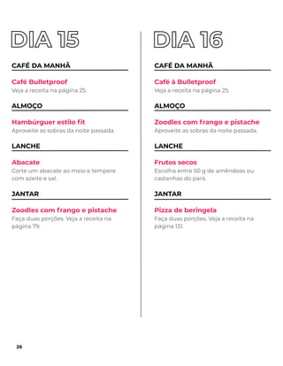 CAFÉ DA MANHÃ
Café Bulletproof
Veja a receita na página 25.
ALMOÇO
Hambúrguer estilo ﬁt
Aproveite as sobras da noite passada.
LANCHE
Abacate
Corte um abacate ao meio e tempere
com azeite e sal.
JANTAR
Zoodles com frango e pistache
Faça duas porções. Veja a receita na
página 79.
CAFÉ DA MANHÃ
Café à Bulletproof
Veja a receita na página 25.
ALMOÇO
Zoodles com frango e pistache
Aproveite as sobras da noite passada.
LANCHE
Frutos secos
Escolha entre 50 g de amêndoas ou
castanhas do pará.
JANTAR
Pizza de beringela
Faça duas porções. Veja a receita na
página 131.
26
 