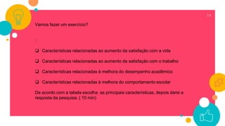 14
Vamos fazer um exercício?
:
 Características relacionadas ao aumento da satisfação com a vida
 Características relacionadas ao aumento da satisfação com o trabalho
 Características relacionadas à melhora do desempenho acadêmico
 Características relacionadas à melhora do comportamento escolar
De acordo com a tabela escolha as principais características, depois darei a
resposta da pesquisa. ( 10 min)
 
