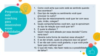 8
1. Como você acha que outro está se sentindo quando
isso acontece?
2. Que tipo de reação ou sentimento você quer
provocar no outro?
3. Que tipo de relacionamento você quer ter com seus
pais, irmão, colegas?
4. Quais comportamentos você tem, que te aproximam
do tipo de relação que você quer ter?
5. E quais te afastam ?
6. Quem mais será afetado por essa decisão? Como
seria isso?
7. Haveria outra forma de resolver essa situação?
8. E se der errado, quais os prejuízos isso vai gerar?
9. E se não sair como você gostaria, o que você pode
fazer para melhorar isso?
10. O que dói mais, não fazer nada ou a possibilidade
de falhar?
Perguntas de
auto
coaching
para
desenvolver
essas
habilidades
 
