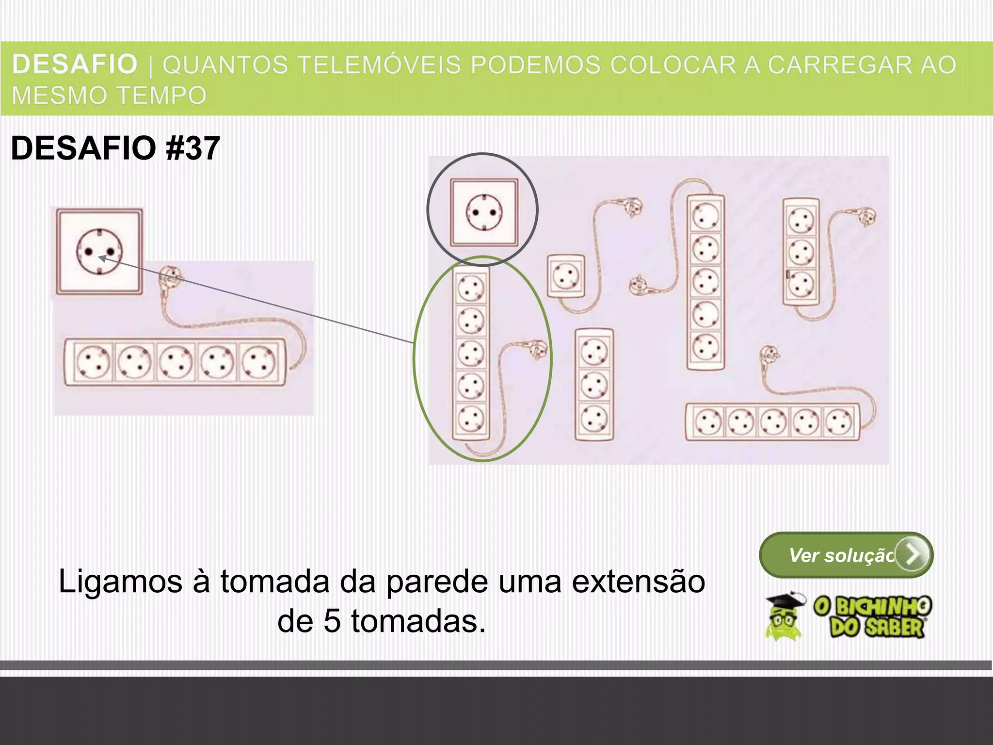 Ver solução
DESAFIO #37
Ligamos à tomada da parede uma extensão
de 5 tomadas.