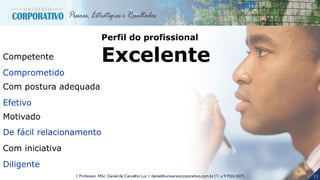 11| Professor MSc. Daniel de Carvalho Luz | daniel@universocorporativo.com.br | T. 15 9 9126 5571
Perfil do profissional
ExcelenteCompetente
Comprometido
Com postura adequada
Efetivo
Motivado
De fácil relacionamento
Com iniciativa
Diligente
 