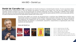 161616
Mini BIO – Daniel Luz
Daniel de Carvalho Luz é especialista em Gestão de Pessoas e Transformação Cultural. É autor de diversos títulos
que influenciaram positivamente a vida de milhares de pessoas, incluindo o livro Insight com mais de hum milhão de cópias
vendidas. Daniel é professor de cursos de pós-graduação em diversas instituições de ensino, entre elas o CENTRO PAULA SOUZA,
além de colunista de várias publicações nacionais e internacionais. É vencedor de quatro prêmios TOP RH promovidos pela ADVB e
do prêmio Destaque RH promovido pela editora Gestão & RH, entre outros.
Formado pela UNESP com estudos de pós-graduação e mestrado pelo CENTRO PAULA SOUZA, teve
destacada carreira em empresas como ZF-Sachs, Hays Lemmertz e Johnson Controls. Foi responsável
por programas de engajamento de funcionários, mediação sindical, projetos de melhoria contínua,
desenvolvimento de pessoas e universidade corporativa, capacitando as organizações para níveis
superiores de desempenho.
Livros de Daniel Luz
o LUZ, D. C.; Insight. São Paulo; DVS, 2000
o LUZ, D. C.; Insight 2. São Paulo; DVS, 2002
o LUZ, D. C.; Fênix São Paulo; DVS, 2006
o LUZ, D.C.; A Arte da Guerra; Ser Mais, 2014
o LUZ, D. C.; Recarregando a Bateria Humana; DVS, 2015
o Luz, D.C.; Modelo de Atuação da Liderança; DVS, 2017
 