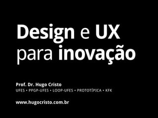 Design e UX
para inovação
www.hugocristo.com.br
Prof. Dr. Hugo Cristo
UFES • PPGP-UFES • LOOP-UFES • PROTOTÍPICA • KFK
 
