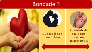 Bondade ?
1 Disposição de
fazer o bem
Qualidade do
que é bom,
brandura,
benevolencia.
 
