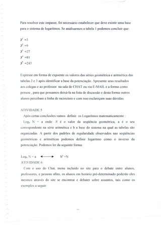 Para resolver este impasse, foi necessário estabelecer que deve existir uma base
para o sistema de logaritmos. Se analisarmos a tabela 1 podemos concluir que:
31
=3
32
=9
33
=27
3.t =81
35
=243
Expresse em forma de expoente os valores das séries geométrica e aritmética das
tabelas 2 e 3 após identificar a base da potenciação. Apresente seus resultados
aos colegas e ao professor na sala de CHA T ou via E-MAIL e a forma como
pensou, para que possamos deixá-Ia na lista de discussão e desta forma outros
alunos percebam a linha de raciocínio e com isso esclareçam suas dúvidas.
ATIVIDADE 5
Após certas conclusões vamos defmir os Logarítmos matematicamente:
Log, N = a onde: N é o valor da seqüência geométrica, a é o seu
conespondente na série aritmética e b a base do sistema na qual as tabelas são
organizadas. A partir dos padrões de regularidade observados nas seqüências
geométricas e aritméticas podemos definir logaritmo como o inverso da
potenciação. Podemos ler da seguinte forma:
Log, N = a "'~I----'.
ATIVIDADE 6
Com o uso do Chat, menu incluído no site para o debate entre alunos,
professores, e pessoas afms, os alunos em horário pré-determinado poderão eles
mesmos através do site se encontrar e debater sobre assuntos, tais como os
exemplos a seguir:
 