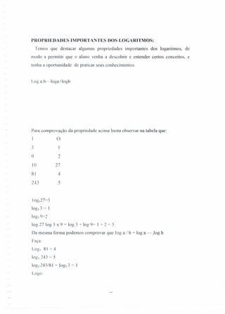 PROPRIEDADES IMPORTANTES DOS LOGARITMOS:
Temos que destacar algumas propriedades importantes dos logaritmos, de
modo a permitir que o aluno venha a descobrir e entender certos conceitos, e
tenha a oportunidade de praticar seus conhecimentos.
Log a.b-loga+logb
Para comprovação da propriedade acima basta observar na tabela que:
o
3
9 2
10 27
81 4
243 5
10g327=3
10g33 = 1
log39=2
log 27 Iog 3 x 9 = log 3 + log 9= 1 + 2 = 3
Da mesma forma podemos comprovar que Iog a / b = log a - Jog b
Faça:
Log, 81 = 4
100, 243 = 5b.'
log, 243/81 = Iog, 3 = 1
Logo:
 