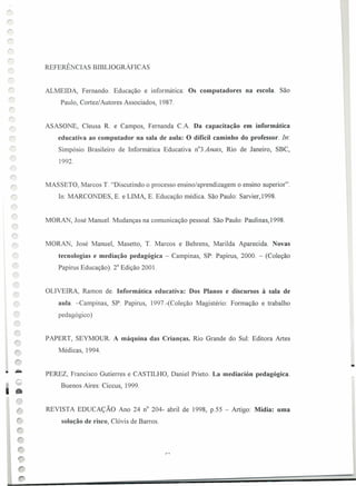 ALMEIDA, Fernando. Educação e informática: Os computadores na escola. São
Paulo, Cortez/ Autores Associados, 1987.
REFERÊNCIAS BIBLIOGRÁFICAS
r
r
r
r
r>
r
ASASONE, Cleusa R. e Campos, Fernanda c.A. Da capa citação em informática
educativa ao computador na sala de aula: O difícil caminho do professor. In:
Simpósio Brasileiro de Informática Educativa n03.Anais, Rio de Janeiro, SBC,
1992.
MASSETO, Marcos T. "Discutindo o processo ensino/aprendizagem o ensino superior".
In: MARCONDES, E. e LIMA, E. Educação médica. São Paulo: Sarvier,1998.
MORAN, José Manuel. Mudanças na comunicação pessoal. São Paulo: Paulinas,1998.
MORAN, José Manuel, Masetto, T. Marcos e Behrens, Marilda Aparecida. Novas
tecnologias e mediação pedagógica - Campinas, SP: Papirus, 2000. - (Coleção
Papirus Educação). 2a
Edição 2001.
OLIVEIRA, Ramon de. Informática educativa: Dos Planos e discursos à sala de
aula. -Campinas, SP: Papirus, 1997.-(Coleção Magistério: Formação e trabalho
pedagógico)
PAPERT, SEYMOUR. A máquina das Crianças. Rio Grande do Sul: Editora Artes
Médicas, 1994.
•
•
PEREZ, Francisco Gutierres e CASTILHO, Daniel Prieto. La mediación pedagógica.
Buenos Aires: Ciccus, 1999.
REVISTA EDUCAÇÃO Ano 24 n" 204- abril de 1998, p.55 - Artigo: Mídia: uma
solução de risco, Clóvis de Barros.
 