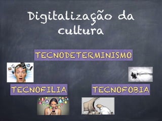 Digitalização da
cultura
TECNODETERMINISMO
TECNOFILIA TECNOFOBIA
 