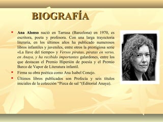 BIOGRAFÍABIOGRAFÍA
 Ana AlonsoAna Alonso nació en Tarrasa (Barcelona) en 1970, es
escritora, poeta y profesora. Con una larga trayectoria
literaria, en los últimos años ha publicado numerosos
libros infantiles y juveniles, entre otros la prestigiosa serie
«La llave del tiempo» y Versos piratas, piratas en verso,
en Anaya, y ha recibido importantes galardones, entre los
que destacan el Premio Hiperión de poesía y el Premio
Barco de Vapor de Literatura infantil.
 Firma su obra poética como Ana Isabel Conejo.
 Últimos libros publicados son Profecía y seis títulos
iniciales de la colección “Pizca de sal “(Editorial Anaya).
 