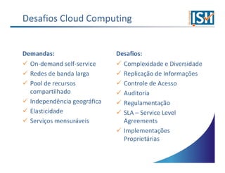 Desafios Cloud Computing


Demandas:                    Desafios:
  On-demand self-service       Complexidade e Diversidade
  Redes de banda larga         Replicação de Informações
  Pool de recursos             Controle de Acesso
  compartilhado                Auditoria
  Independência geográfica     Regulamentação
  Elasticidade                 SLA – Service Level
  Serviços mensuráveis         Agreements
                               Implementações
                               Proprietárias
 