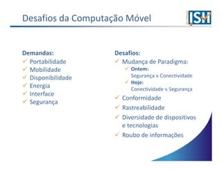 Desafios da Computação Móvel


Demandas:           Desafios:
  Portabilidade       Mudança de Paradigma:
  Mobilidade             Ontem:
  Disponibilidade        Segurança x Conectividade
                         Hoje:
  Energia                Conectividade x Segurança
  Interface
                      Conformidade
  Segurança
                      Rastreabilidade
                      Diversidade de dispositivos
                      e tecnologias
                      Roubo de informações
 