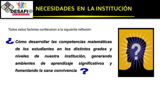 Todos estos factores conllevaron a la siguiente reflexión:
Cómo desarrollar las competencias matemáticas
de los estudiantes en los distintos grados y
niveles de nuestra institución, generando
ambientes de aprendizaje significativos y
fomentando la sana convivencia
 