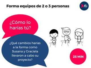 Forma equipos de 2 o 3 personas
¿Cómo lo
harías tú?
¿Qué cambios harías
a la forma como
Susana y Graciela
llevaron a cabo su
proyecto?
25 MIN
 