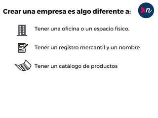 Crear una empresa es algo diferente a:
Tener una oficina o un espacio físico.
Tener un registro mercantil y un nombre
Tener un catálogo de productos
Tener socios o empleados
Tener un crédito
 