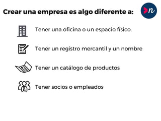 Crear una empresa es algo diferente a:
Tener una oficina o un espacio físico.
Tener un registro mercantil y un nombre
Tener un catálogo de productos
Tener socios o empleados
Tener un crédito
 