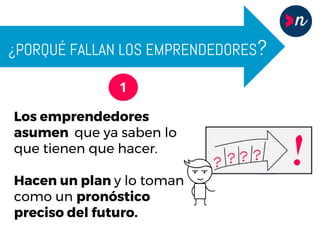 ¿PORQUÉ FALLAN LOS EMPRENDEDORES?
1
Los emprendedores
asumen que ya saben lo
que tienen que hacer.
Hacen un plan y lo toman
como un pronóstico
preciso del futuro.
 