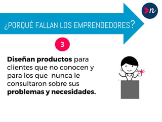 ¿PORQUÉ FALLAN LOS EMPRENDEDORES?
3
Diseñan productos para
clientes que no conocen y
para los que nunca le
consultaron sobre sus
problemas y necesidades.
 