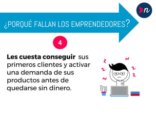¿PORQUÉ FALLAN LOS EMPRENDEDORES?
4
Les cuesta conseguir sus
primeros clientes y activar
una demanda de sus
productos antes de
quedarse sin dinero.
 