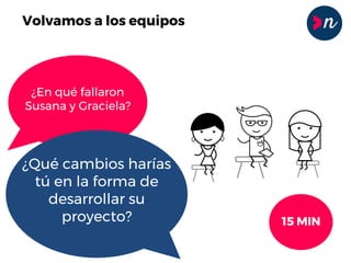 Volvamos a los equipos
¿En qué fallaron
Susana y Graciela?
¿Qué cambios harías
tú en la forma de
desarrollar su
proyecto? 15 MIN
 