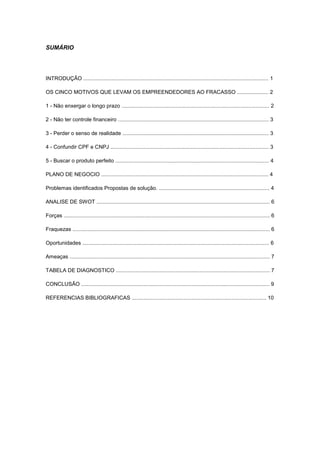 SUMÁRIO
INTRODUÇÃO ............................................................................................................................ 1
OS CINCO MOTIVOS QUE LEVAM OS EMPREENDEDORES AO FRACASSO ..................... 2
1 - Não enxergar o longo prazo ................................................................................................... 2
2 - Não ter controle financeiro ..................................................................................................... 3
3 - Perder o senso de realidade .................................................................................................. 3
4 - Confundir CPF e CNPJ .......................................................................................................... 3
5 - Buscar o produto perfeito ....................................................................................................... 4
PLANO DE NEGOCIO ................................................................................................................ 4
Problemas identificados Propostas de solução. .......................................................................... 4
ANALISE DE SWOT .................................................................................................................... 6
Forças .......................................................................................................................................... 6
Fraquezas .................................................................................................................................... 6
Oportunidades ............................................................................................................................. 6
Ameaças ...................................................................................................................................... 7
TABELA DE DIAGNOSTICO ....................................................................................................... 7
CONCLUSÃO .............................................................................................................................. 9
REFERENCIAS BIBLIOGRAFICAS .......................................................................................... 10
 