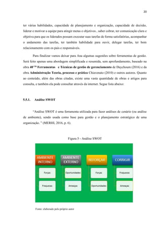 20
ter várias habilidades, capacidade de planejamento e organização, capacidade de decisão,
liderar e motivar a equipe para atingir metas e objetivos , saber cobrar, ter comunicação clara e
objetiva para que os liderados possam executar suas tarefas de forma satisfatórias, acompanhar
o andamento das tarefas, ter também habilidade para ouvir, delegar tarefas, ter bom
relacionamento com os pais e responsáveis.
Para finalizar vamos deixar para Ana algumas sugestões sobre ferramentas de gestão.
Será feito apenas uma abordagem simplificada e resumida, sem aprofundamento, baseado na
obra 40+16 Ferramentas e Técnicas de gestão de gerenciamento de Daychoum (2016) e da
obra Administração Teoria, processo e prática Chiavenato (2010) e outros autores. Quanto
ao conteúdo, além das obras citadas, existe uma vasta quantidade de obras e artigos para
consulta, e também ela pode consultar através da internet. Segue lista abaixo:
5.5.1. Análise SWOT
“Análise SWOT é uma ferramenta utilizada para fazer análises de cenário (ou análise
de ambiente), sendo usada como base para gestão e o planejamento estratégico de uma
organização. ” (MERHI, 2016, p. 6).
Figura 5 - Análise SWOT
Fonte: elaborado pelo próprio autor
 