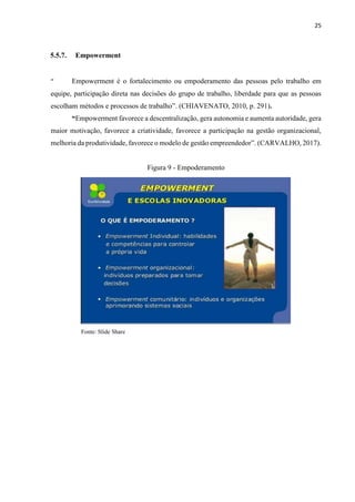 25
5.5.7. Empowerment
“ Empowerment é o fortalecimento ou empoderamento das pessoas pelo trabalho em
equipe, participação direta nas decisões do grupo de trabalho, liberdade para que as pessoas
escolham métodos e processos de trabalho”. (CHIAVENATO, 2010, p. 291).
“Empowerment favorece a descentralização, gera autonomia e aumenta autoridade, gera
maior motivação, favorece a criatividade, favorece a participação na gestão organizacional,
melhoria da produtividade, favorece o modelo de gestão empreendedor”. (CARVALHO, 2017).
Figura 9 - Empoderamento
Fonte: Slide Share
 