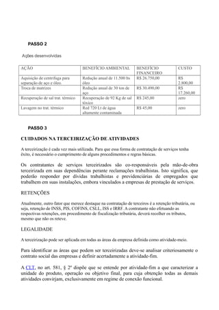 PASSO 2
Ações desenvolvidas
AÇÃO BENEFÍCIO AMBIENTAL BENEFÍCIO
FINANCEIRO
CUSTO
Aquisição de centrifuga para
separação de aço e óleo.
Redução anual de 11.500 lts
óleo
R$ 26.750,00 R$
2.800,00
Troca de matrizes Redução anual de 30 ton de
aço
R$ 30.490,00 R$
17.260,00
Recuperação de sal trat. térmico Recuperação de 92 Kg de sal
tóxico
R$ 245,00 zero
Lavagem no trat. térmico Red 720 Lt de água
altamente contaminada
R$ 45,00 zero
PASSO 3
CUIDADOS NA TERCEIRIZAÇÃO DE ATIVIDADES
A terceirização é cada vez mais utilizada. Para que essa forma de contratação de serviços tenha
êxito, é necessário o cumprimento de alguns procedimentos e regras básicas.
Os contratantes de serviços terceirizados são co-responsáveis pela mão-de-obra
terceirizada em suas dependências perante reclamações trabalhistas. Isto significa, que
poderão responder por dívidas trabalhistas e previdenciárias de empregados que
trabalhem em suas instalações, embora vinculados a empresas de prestação de serviços.
RETENÇÕES
Atualmente, outro fator que merece destaque na contratação de terceiros é a retenção tributária, ou
seja, retenção de INSS, PIS, COFINS, CSLL, ISS e IRRF. A contratante não efetuando as
respectivas retenções, em procedimento de fiscalização tributária, deverá recolher os tributos,
mesmo que não os reteve.
LEGALIDADE
A terceirização pode ser aplicada em todas as áreas da empresa definida como atividade-meio.
Para identificar as áreas que podem ser terceirizadas deve-se analisar criteriosamente o
contrato social das empresas e definir acertadamente a atividade-fim.
A CLT, no art. 581, § 2º dispõe que se entende por atividade-fim a que caracterizar a
unidade do produto, operação ou objetivo final, para cuja obtenção todas as demais
atividades convirjam, exclusivamente em regime de conexão funcional.
 