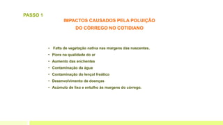 IMPACTOS CAUSADOS PELA POLUIÇÃO
DO CÓRREGO NO COTIDIANO
• Falta de vegetação nativa nas margens das nascentes.
• Piora na qualidade do ar
• Aumento das enchentes
• Contaminação da água
• Contaminação do lençol freático
• Desenvolvimento de doenças
• Acúmulo de lixo e entulho às margens do córrego.
PASSO 1
 