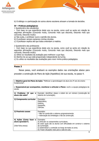 8
b) O diálogo e a participação de outros atores escolares atrasam a tomada de decisões.
IV – Práticas pedagógicas
1 Questionário dos estudantes
• Com base na sua experiência deste ano na escola, como você se sente em relação às
seguintes afirmações (Concordo muito, Concordo mais que discordo, Discordo mais que
concordo, Discordo muito):
a) Nas aulas, o professor ouve a opinião dos alunos.
b) O professor sempre esclarece minhas dúvidas.
c) O professor explica até que todos entendam a matéria.
2 Questionário dos professores
• Com base na sua experiência deste ano na escola, como você se sente em relação às
seguintes afirmações (Concordo muito, Concordo mais que discordo, Discordo mais que
concordo, Discordo muito):
a) Utilizo os resultados da avaliação para melhorar o que faço.
b) Atenho-me ao que está programado independente da turma.
c) Eu utilizo os resultados das avaliações para rever minha prática pedagógica.
Passo 3
Nesse passo, você analisará os exemplos dados nas orientações abaixo para
proceder a construção do Plano de Ação (hipotético) de sua escola, no passo 4.
 Objetivo geral do Plano de Ação: “Melhorar a aprendizagem do aluno do 2º ano do ensino
fundamental”.
 Responsável por acompanhar, monitorar e articular o Plano: você e a equipe pedagógica da
escola.
1) Problema (O que o
aluno não sabe?
Exemplo: identificar classe e ordem de um número (construção do
sistema de numeração).
2) Componente curricular Exemplos:
Matemática,
História,
Geografia,
Ciências.
3) Possíveis causas Exemplos:
– Não foi construído o sistema progressivamente.
– Valorização da simbologia e não da construção.
4) Ações (Como fazer o
aluno aprender?)
(Vide ficha anexa)
Exemplos:
A) Articular os componentes curriculares.
B) Listar quais são os alunos com dificuldade em construir o sistema
de numeração.
C) Sistematizar o conteúdo ao longo de todos os anos.
D) Trazer situações reais para a sala de aula.
 