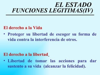 EL ESTADO  FUNCIONES LEGITIMAS(IV) El derecho a la Vida Proteger su libertad de escoger su forma de vida contra la interferencia de otros . El derecho a la libertad   Libertad de tomar las acciones para dar sustento a su vida  (alcanzar la felicidad). 