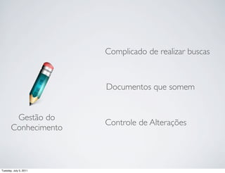 Complicado de realizar buscas



                        Documentos que somem


        Gestão do
                        Controle de Alterações
       Conhecimento



Tuesday, July 5, 2011
 