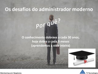 TI Tecnologia 
Mentoring em Negócios 
Os desafios do administrador moderno 
O conhecimento dobrava a cada 30 anos, 
hoje dobra a cada 9 meses 
(aprendemos a vida inteira)  