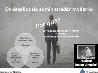 TI Tecnologia 
Mentoring em Negócios 
Os desafios do administrador moderno 
Administrar o negócio dos outros 1 
(10 anos) 
Administrar o seu próprio negócio 2 
(8 anos) 
Ensinar os outros a administrarem 3 (10 anos) 
Leva alguns anos até nos tornarmos 
REFERÊNCIA 
Cuidado quando se “corta caminhos”  