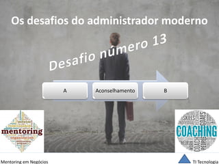 TI Tecnologia 
Mentoring em Negócios 
Os desafios do administrador moderno 
A 
Aconselhamento 
B  