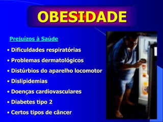 OBESIDADE
Prejuízos à Saúde
• Dificuldades respiratórias
• Problemas dermatológicos
• Distúrbios do aparelho locomotor
• Dislipidemias
• Doenças cardiovasculares
• Diabetes tipo 2
• Certos tipos de câncer
 