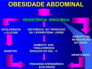 OBESIDADE ABDOMINAL
RESISTÊNCIA INSULÍNICA
INTOLERÂNCIA
a GLICOSE
DEFICIÊNCIA NA PRODUÇÃO
DA LIPOPROTEÍNA LIPASE
AUMENTO DOS
TRIGLICERÍDIOS
REDUÇÃO DO HDL - C
PROCESSO ATEROGÊNICO
ACELERADO
DIABETES
AUMENTO DA
REABSORÇÃO
DO SÓDIO
HIPERTENSÃO
 