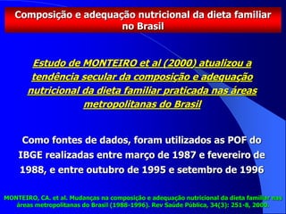 Estudo de MONTEIRO et al (2000) atualizou a
tendência secular da composição e adequação
nutricional da dieta familiar praticada nas áreas
metropolitanas do Brasil
Como fontes de dados, foram utilizados as POF do
IBGE realizadas entre março de 1987 e fevereiro de
1988, e entre outubro de 1995 e setembro de 1996
Composição e adequação nutricional da dieta familiar
no Brasil
MONTEIRO, CA. et al. Mudanças na composição e adequação nutricional da dieta familiar nas
áreas metropolitanas do Brasil (1988-1996). Rev Saúde Pública, 34(3): 251-8, 2000.
 