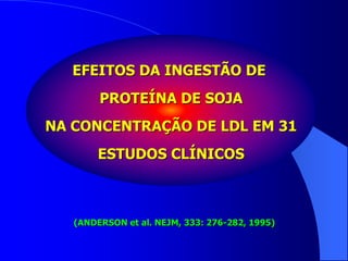 EFEITOS DA INGESTÃO DE
PROTEÍNA DE SOJA
NA CONCENTRAÇÃO DE LDL EM 31
ESTUDOS CLÍNICOS
(ANDERSON et al. NEJM, 333: 276-282, 1995)
 