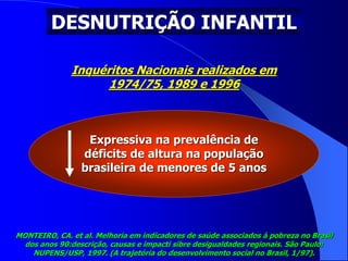 DESNUTRIÇÃO INFANTIL
MONTEIRO, CA. et al. Melhoria em indicadores de saúde associados à pobreza no Brasil
dos anos 90:descrição, causas e impacti sibre desigualdades regionais. São Paulo:
NUPENS/USP, 1997. (A trajetória do desenvolvimento social no Brasil, 1/97).
Inquéritos Nacionais realizados em
1974/75, 1989 e 1996
Expressiva na prevalência de
déficits de altura na população
brasileira de menores de 5 anos
 