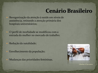  Reorganização da atenção à saúde em níveis de
  assistência, retirando a atenção primária dos
  hospitais universitários;

 O perfil de morbidade se modificou com a
  entrada da mulher no mercado de trabalho;

 Redução da natalidade;


 Envelhecimento da população;


 Mudanças das prioridades femininas.
                                                  Chirlei A Ferreira
 
